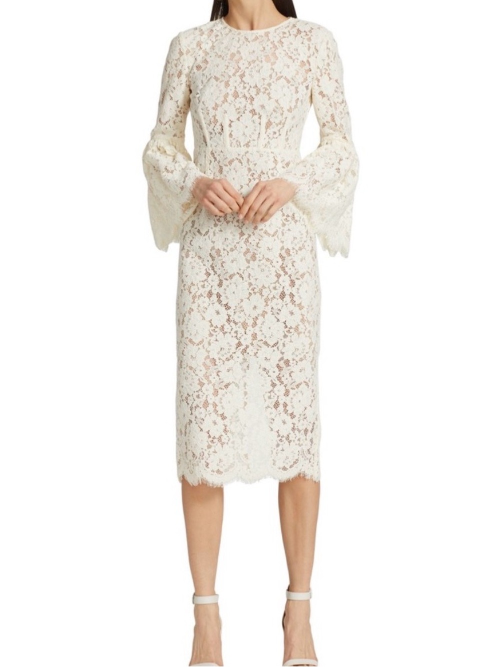 Self-Portrait Cream Floral Lace Midi Dress with Bell Sleeves